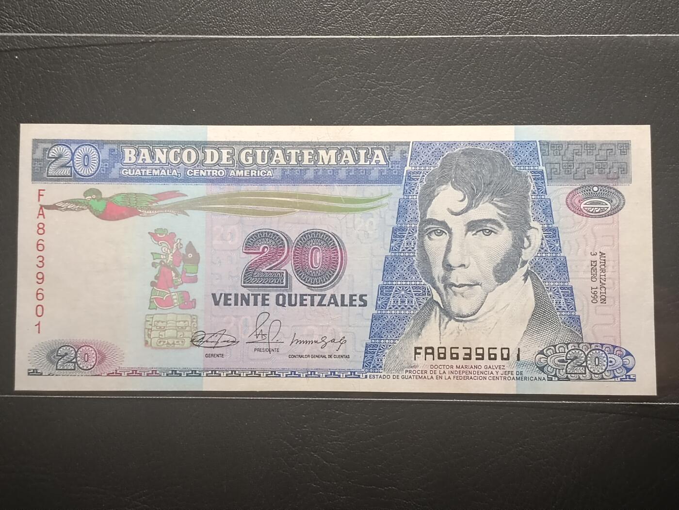 2026二月第一期，总215期 危地马拉1990年20格查尔UNC-，独立领袖加尔韦斯和独立会议