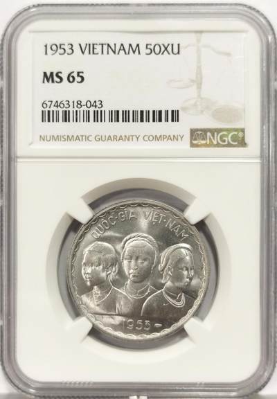 博洋堂世界钱币拍卖第159期（全场包邮） - NGC MS65 1953年南越三女神50Xu铝币 粉光深打，南越版的“三女神” 1953套三枚中还有10Su，20Su，这是最大面值，正面三名身穿越南传统服饰奥黛的女性，背面双龙图，材质原因不易保存，高分难得，南越于1975年被北越所灭，南北统一
