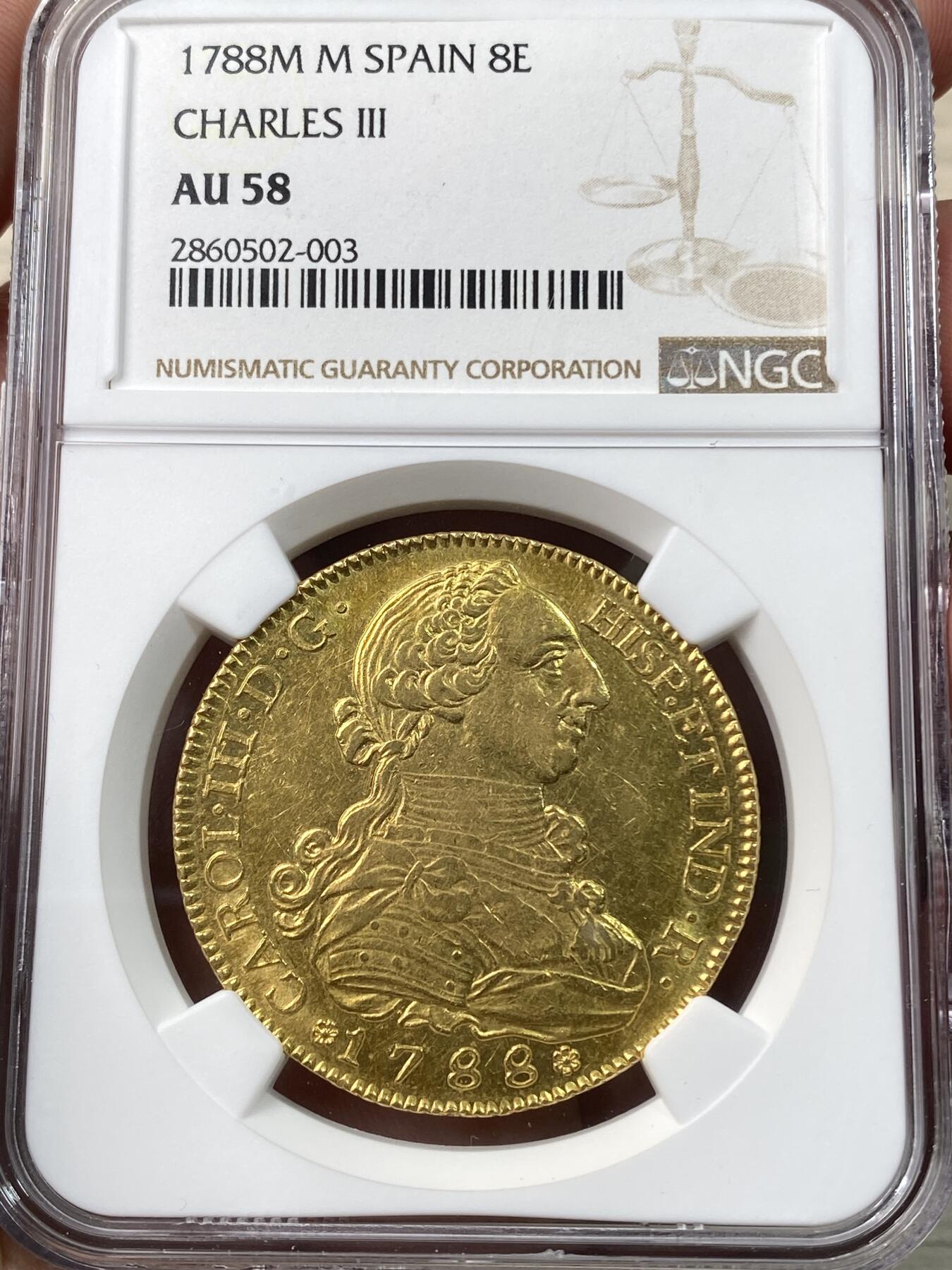 万国钱币拍卖第060期（万国六十期纪念大拍） NGC AU58 1788M M西班牙卡洛斯三世8埃斯库多大金 马德里厂铸造 好品难得的本土8E 全深打无减重痕黄金转光 1788也是西班牙明君卡洛斯三世在位的最后一个年份 极其难得的收藏级品质 国际市场大热门品质 国际市场大热品种 西属大金价格全线上涨  此次贴脸入手机会切勿错过