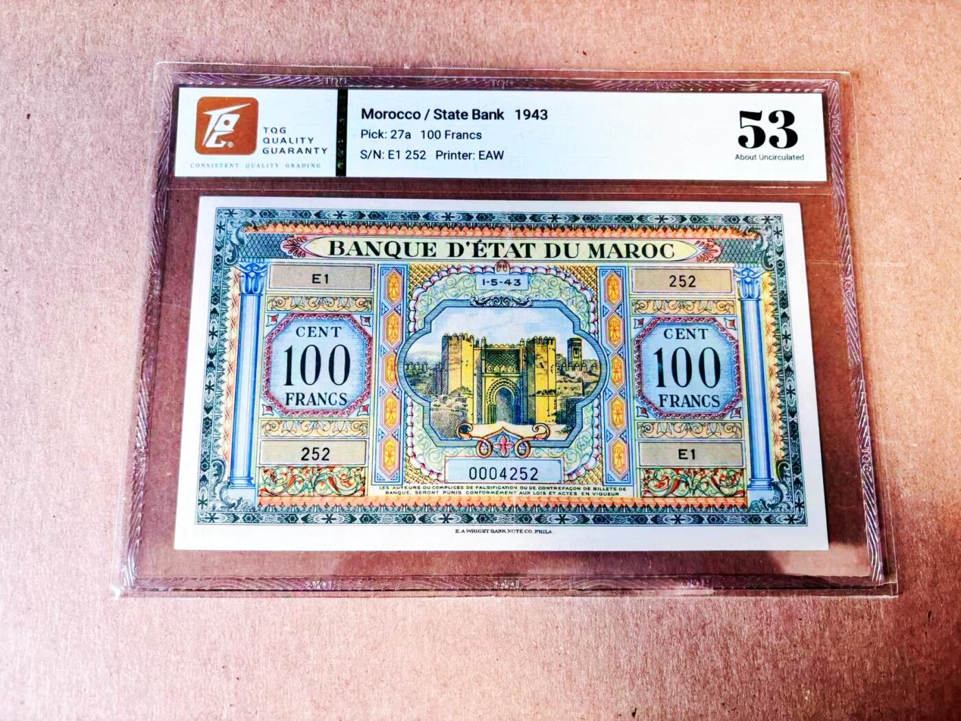【Blue Auction】世界纸币精拍第781期——18级TOP拍卖/信誉/品质/专业/高效💫 摩洛哥1943年100法郎 美国代印 菲斯古城门  TQG53 