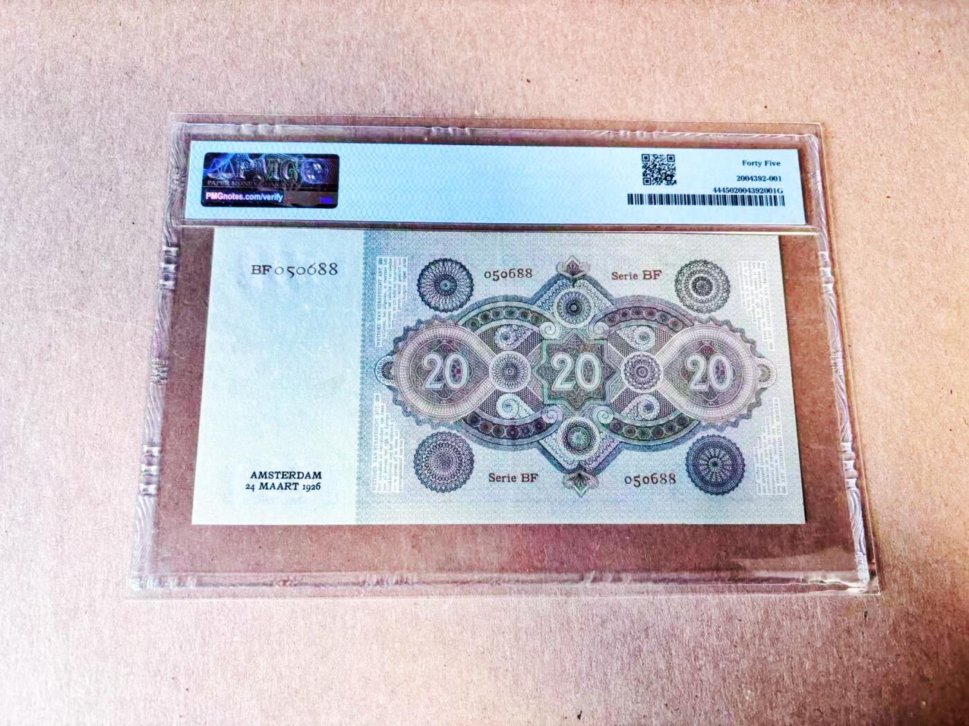 【Blue Auction】世界纸币精拍第781期——18级TOP拍卖/信誉/品质/专业/高效💫 【名家旧藏 尾88 无背标佳品】荷兰1926-36年20盾 水手掌舵 海马纹饰 PMG45仅5张更高分 无全新记录 58E成交价超2000欧元