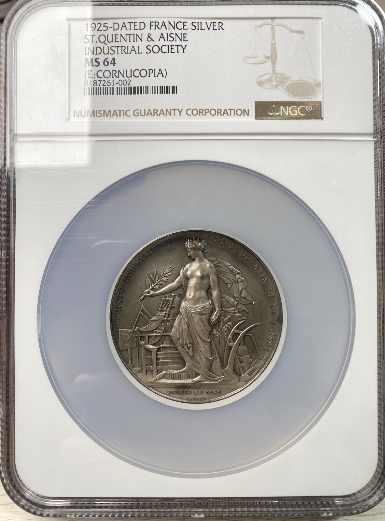 万国钱币拍卖第060期（万国六十期纪念大拍） NGC MS64 1925年法国圣昆廷和埃纳工业协会纪念大银章 大规格高浮雕 极美工业女神身姿曼妙观赏性拉满
