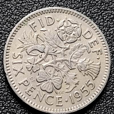 泉币菌-第180场- 精品福利场 - 1955年 英国 幸运6便士镍币 玫瑰四叶草 女王钱币19.3毫米2.8克