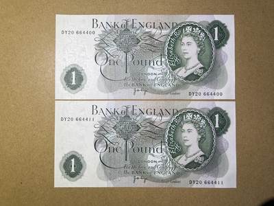 《艾美收藏》第230期-2.1周日外币年前精品场 - 英格兰1镑2张 UNC C序列 双尾1对