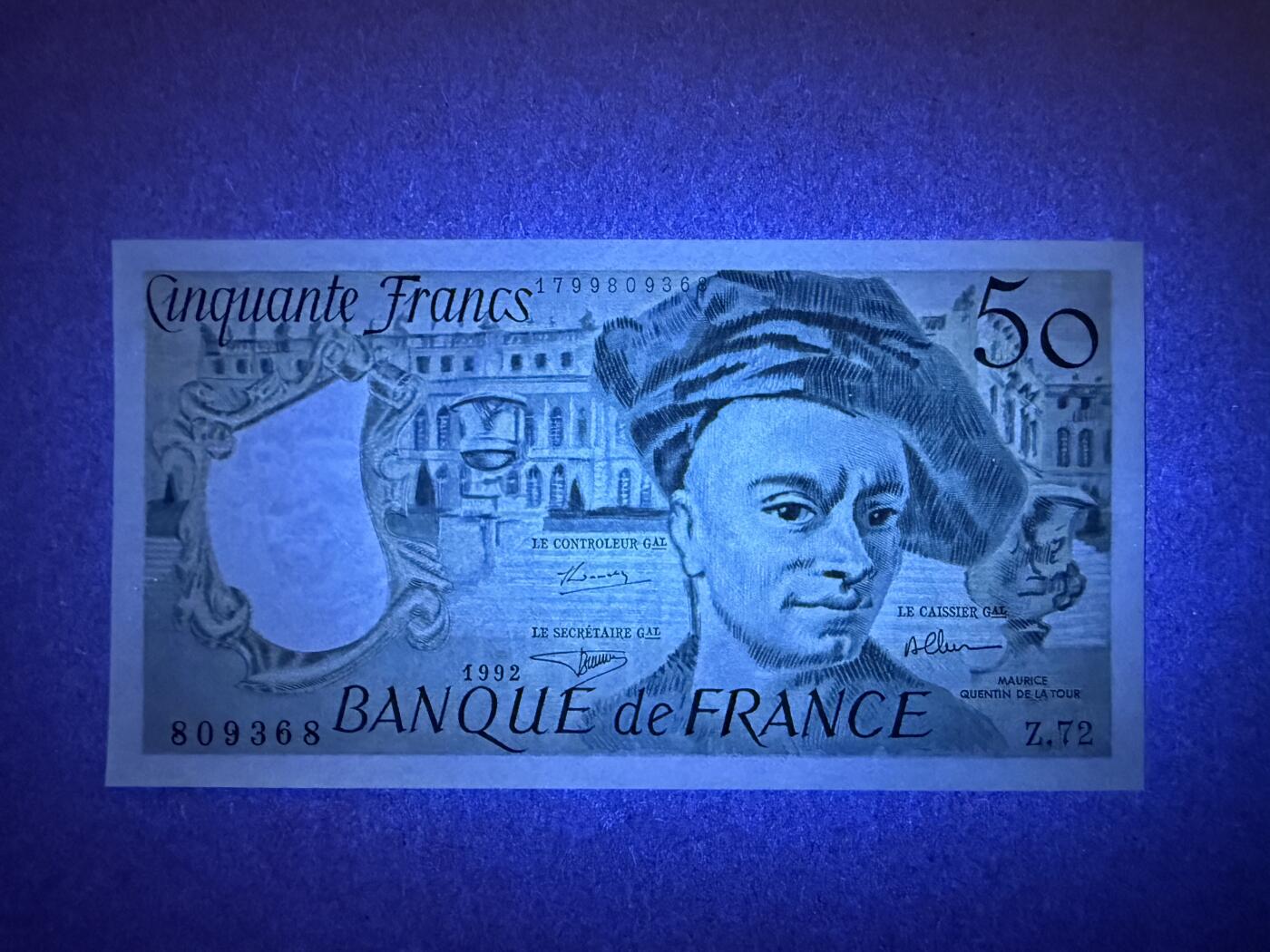 《艾美收藏》第230期-2.1周日外币年前精品场 法国50法郎 UNC 1992年 法国洛可可派画家拉图尔 无4尾8