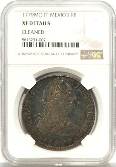 博洋堂世界钱币拍卖第159期（全场包邮） - NGC XF 西属墨西哥1779年MO FF卡洛斯三世双柱银币，黑色包浆，值得搏分