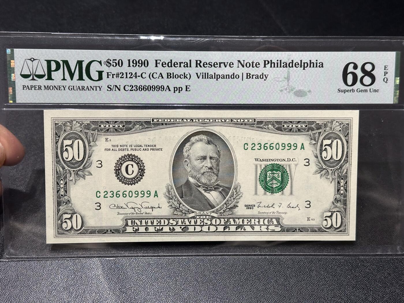 《外钞收藏家》第六百零六期（精品场）（本平台长期征集拍品、欢迎藏友们联系合作） 1990年美国小头版50美元 PMG68 高分 无47 豹子号999