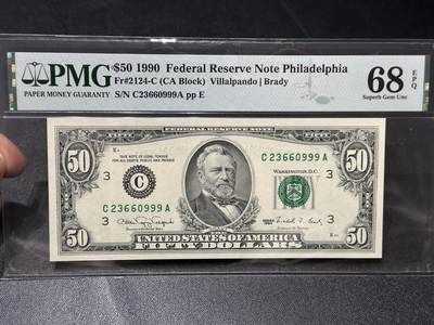 《外钞收藏家》第六百零六期（精品场）（本平台长期征集拍品、欢迎藏友们联系合作） - 1990年美国小头版50美元 PMG68 高分 无47 豹子号999