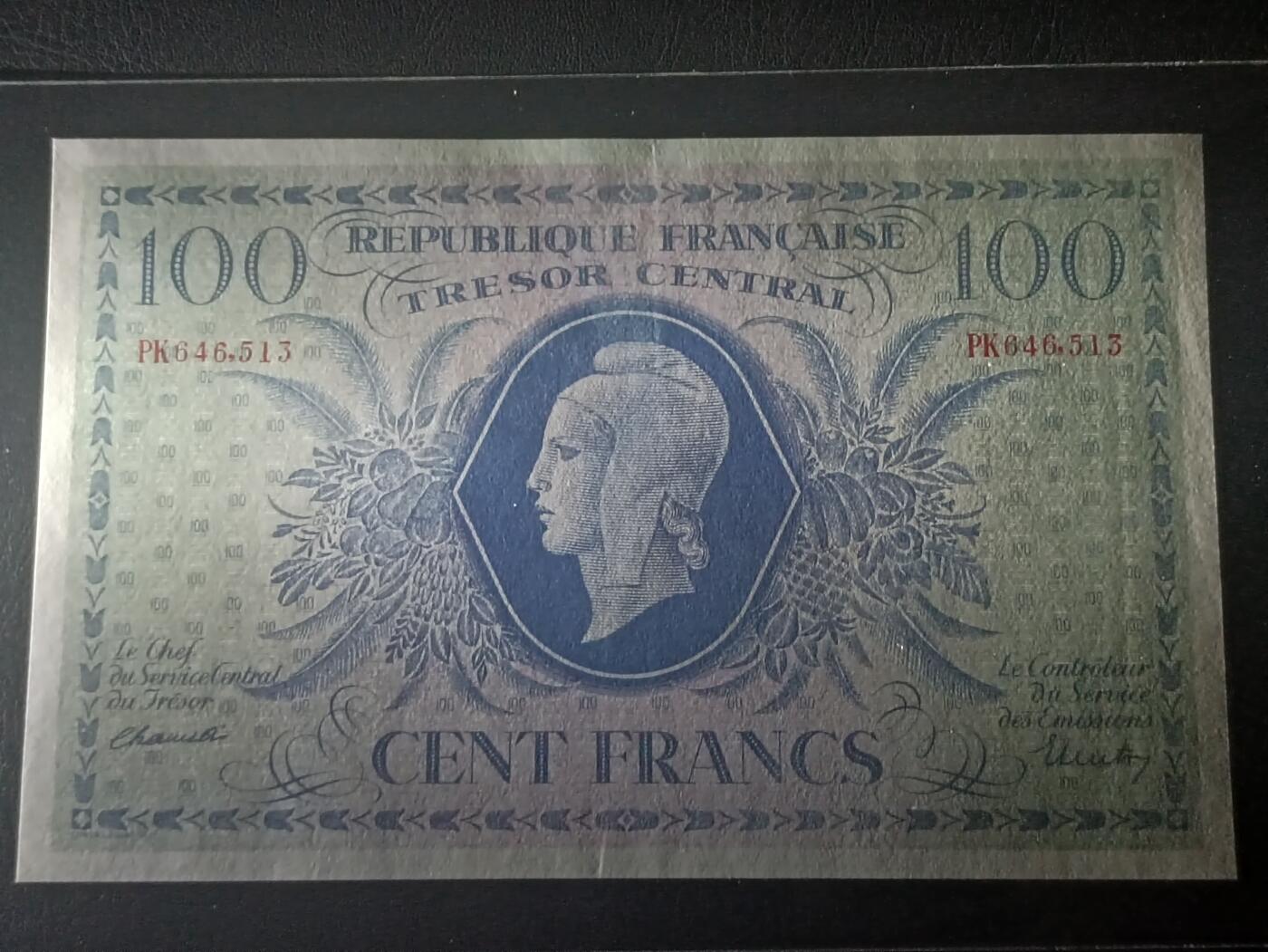 2026二月第一期，总215期 法国1943版100法郎AUNC，二战时期自由法国军队的政府债券纸币，玛丽安娜女神