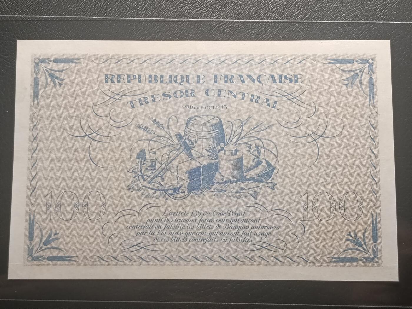 2026二月第一期，总215期 法国1943版100法郎AUNC，二战时期自由法国军队的政府债券纸币，玛丽安娜女神