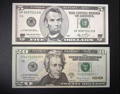 【礼羽收藏】🌏世界钱币拍卖第122期 - 美国06年老版黑白大头5美元无4豹子头靓号，17年A版彩色20美元无347金马靓号(均绝品无斑)