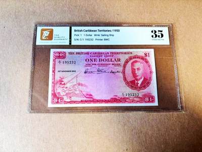 【Blue Auction】世界纸币精拍第781期——18级TOP拍卖/信誉/品质/专业/高效💫 - 英属加勒比1950年1元 乔六 TQG35