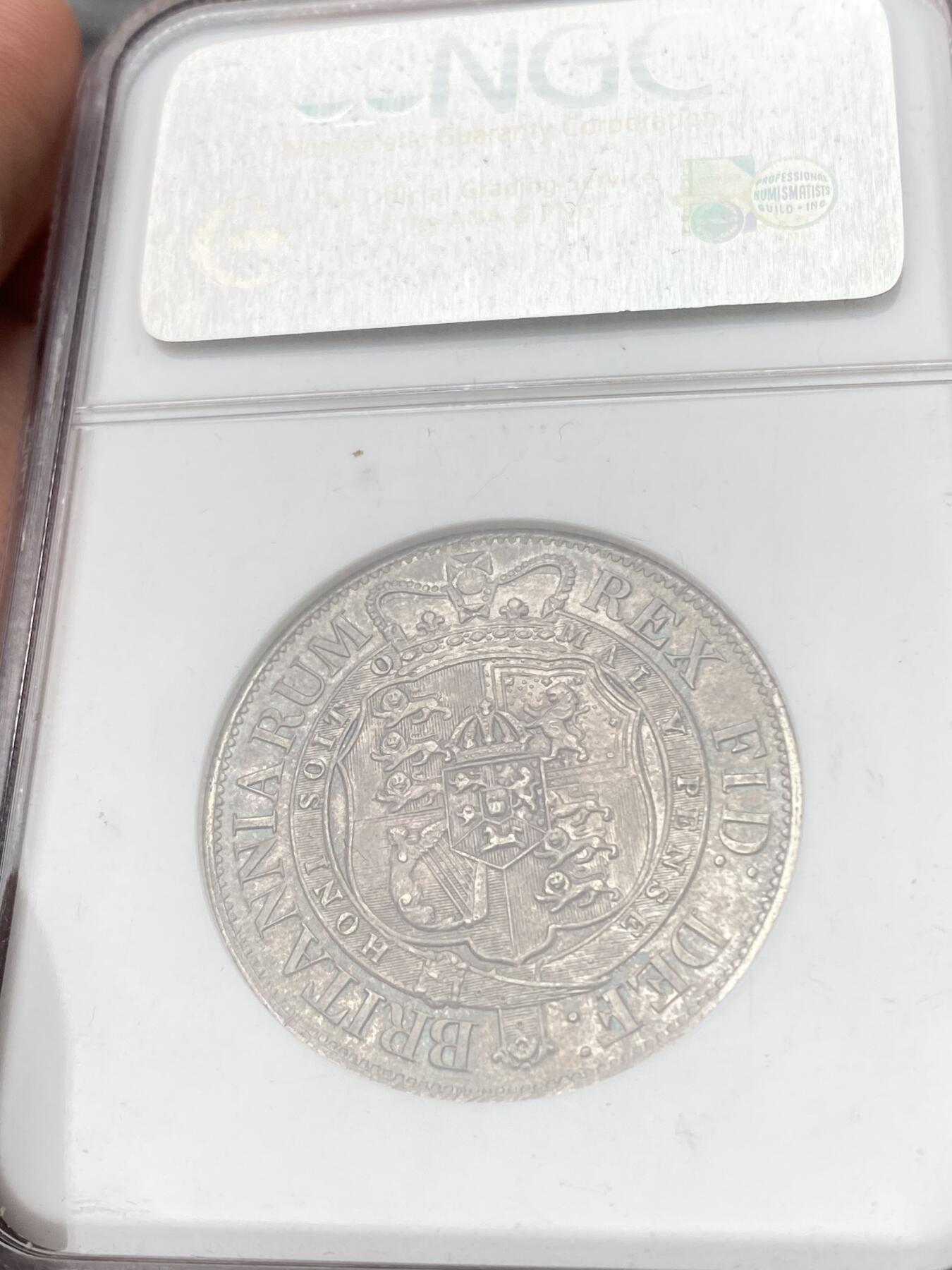 万国钱币拍卖第060期（万国六十期纪念大拍） NGC MS62 1817英国乔治三世半克朗银币 小头版乔三 原味英式乌云五彩极美 NGC老白盒收藏级品质