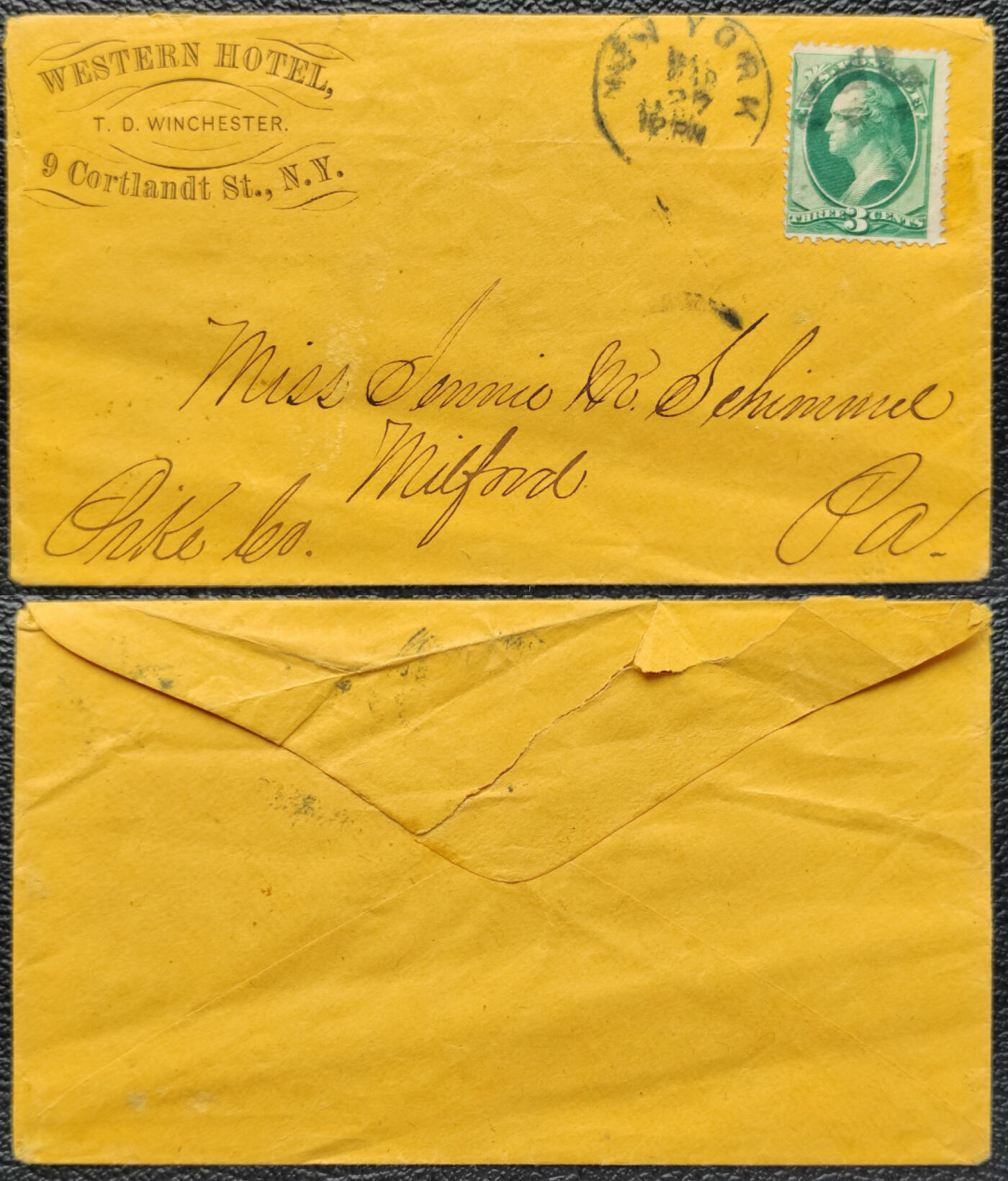 洪涛臻品批发群 精选邮票限时拍卖第1242期  美国古典邮票实寄封 纽约科尔特兰特街西部大酒店寄出