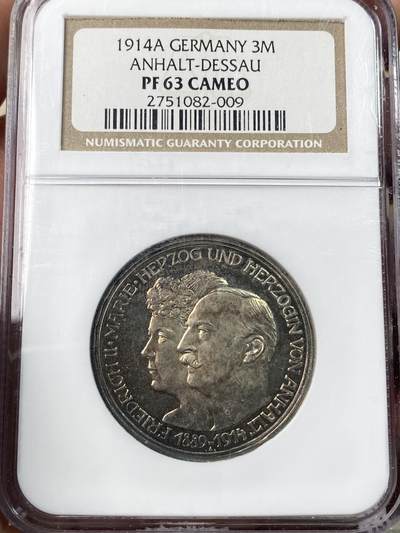 万国钱币拍卖第060期（万国六十期纪念大拍） - NGC PF63CAM 1914德国安哈特德绍结婚纪念精制长翅3马克银币 经典小邦品种 镜面精铸五彩极美 NGC老白盒收藏级品质