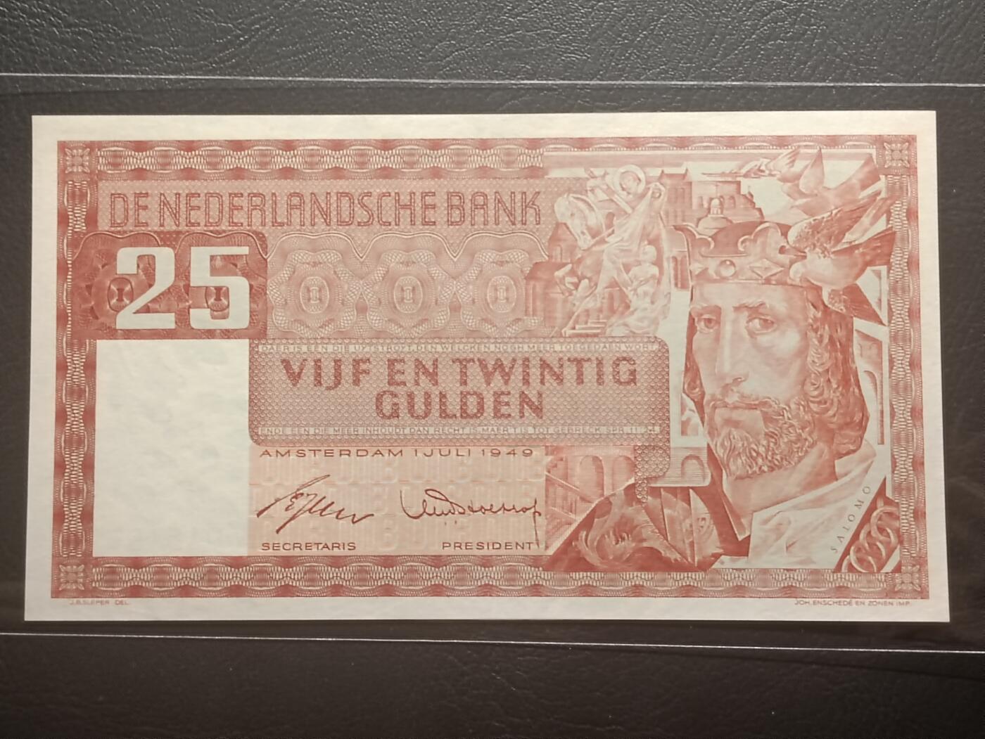 2026二月第一期，总215期 荷兰1949版25盾UNC，在圣经故事里以智慧著称的所罗门王，象征着荷兰人民希望在大战初定后国家能够重新回归往日繁荣富足的时代的期望，是荷兰战后初期发行的钞票品种的经典之作