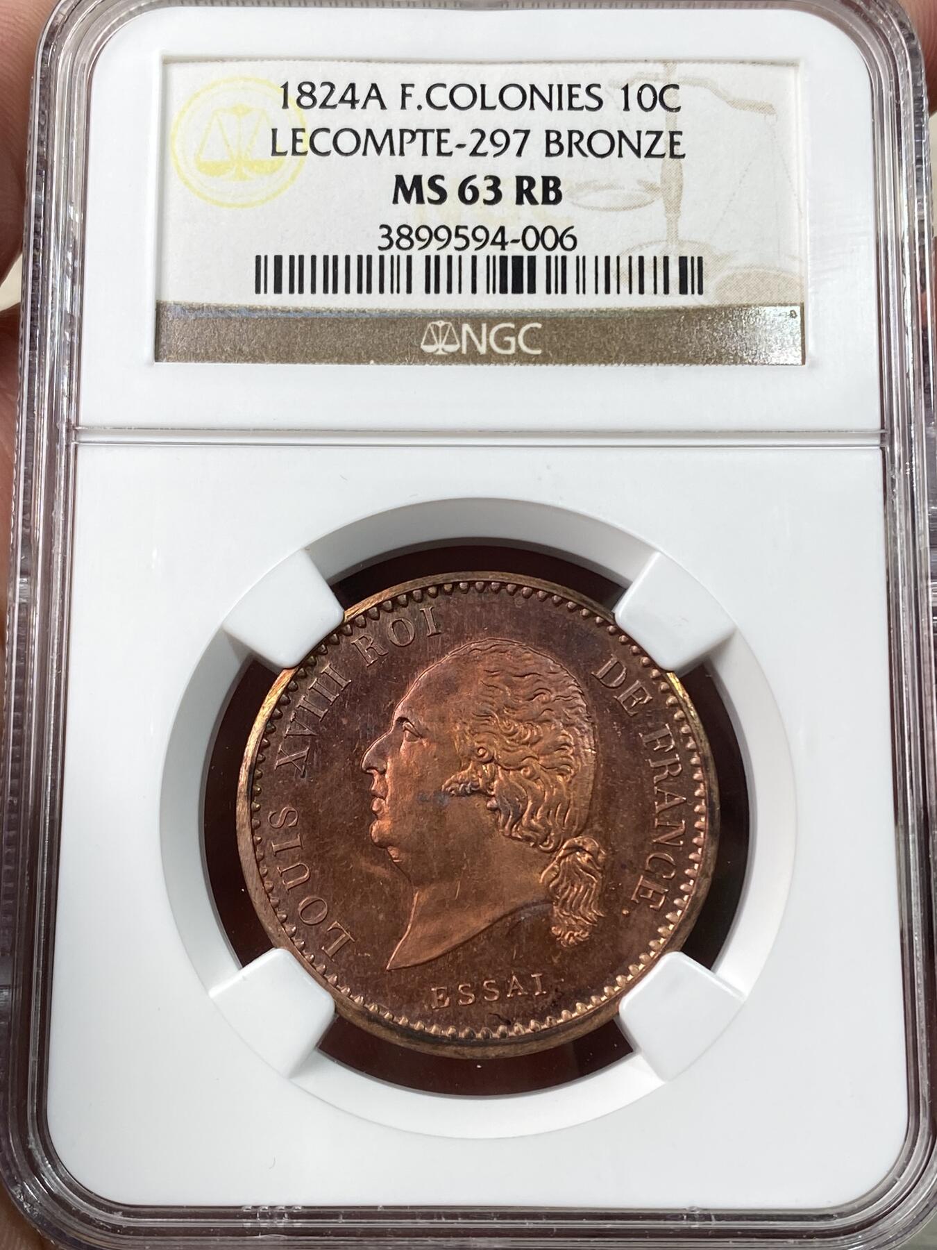 万国钱币拍卖第060期（万国六十期纪念大拍） NGC MS63RB 1824法属殖民地路易十八10分铜样币 巴黎厂铸造 试样用于法国在加勒比海地区的殖民地 镜面精铸红铜光状态难得