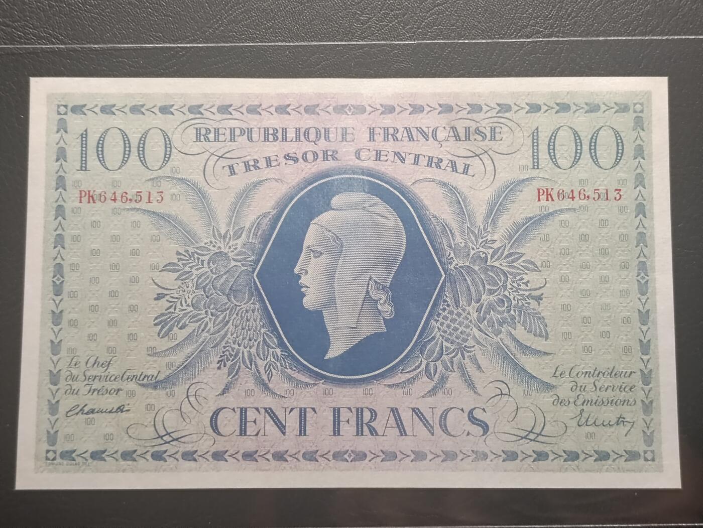 2026二月第一期，总215期 法国1943版100法郎AUNC，二战时期自由法国军队的政府债券纸币，玛丽安娜女神