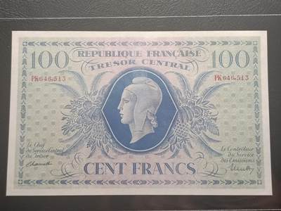2026二月第一期，总215期 - 法国1943版100法郎AUNC，二战时期自由法国军队的政府债券纸币，玛丽安娜女神