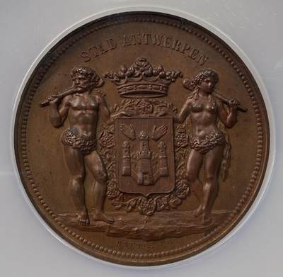 万国钱币拍卖第060期（万国六十期纪念大拍） - NGC MS62 1897年比利时南极探险纪念大铜章 安特卫普发行 正面安特卫普野人手扶城市盾徽高浮雕罕见品种 比利时南极探险在1898-99年长达7个月的寒冬中被困 历经艰辛最终于1899年11月5日成功返回安特卫普