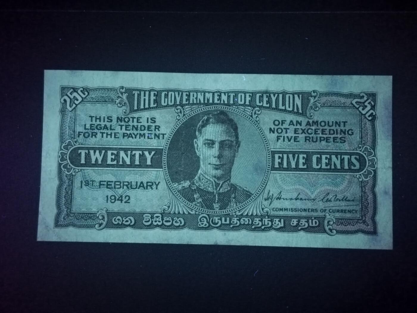 2026二月第一期，总215期 英属锡兰（现斯里兰卡）1942年25分AUNC，乔治六世国王，少见战时英属殖民地辅币券