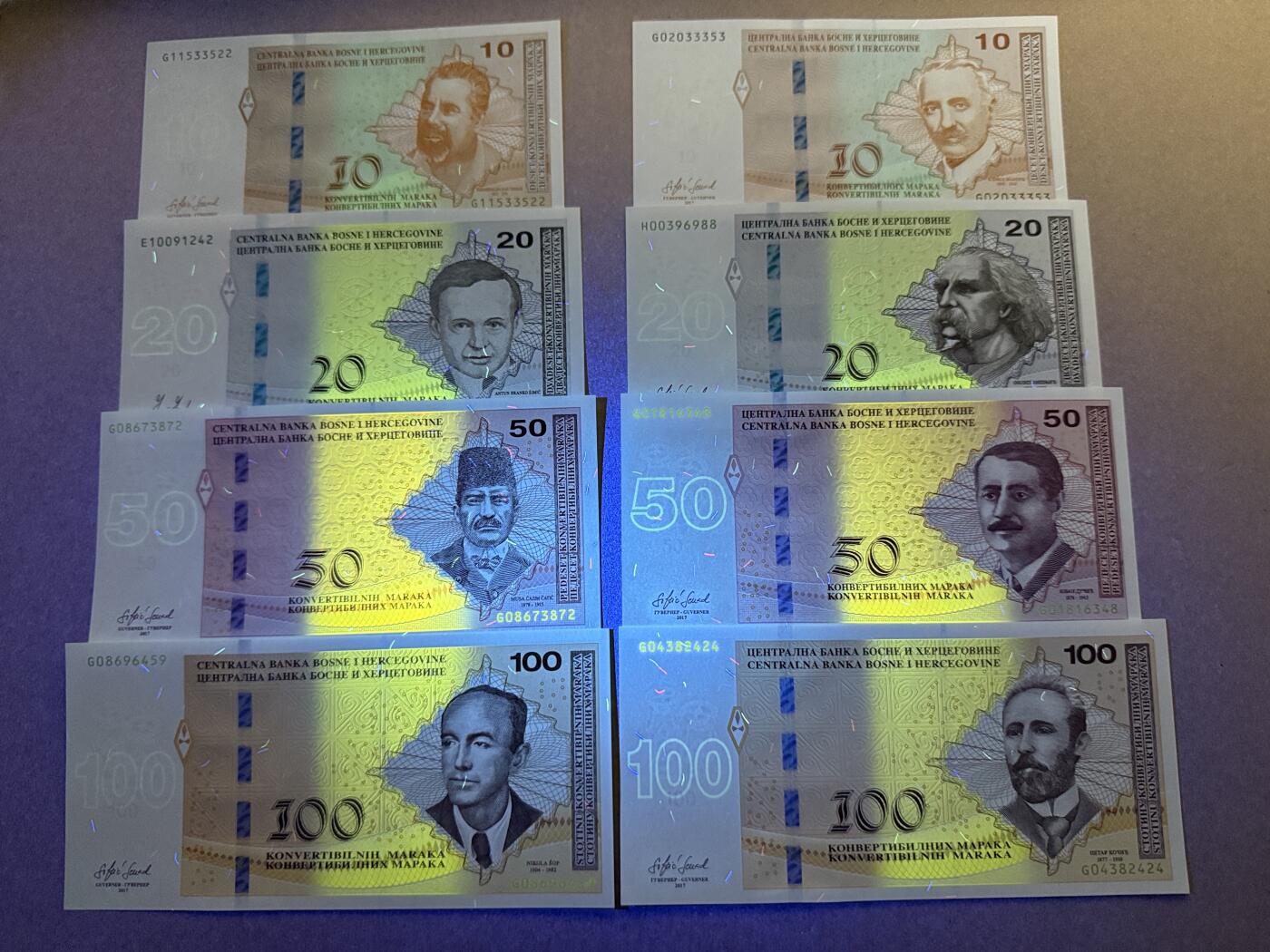 《艾美收藏》第230期-2.1周日外币年前精品场 波黑10、20、50、100马克两版共8张 UNC 2017年 波黑联邦和塞族2个版本大全套 非常难得