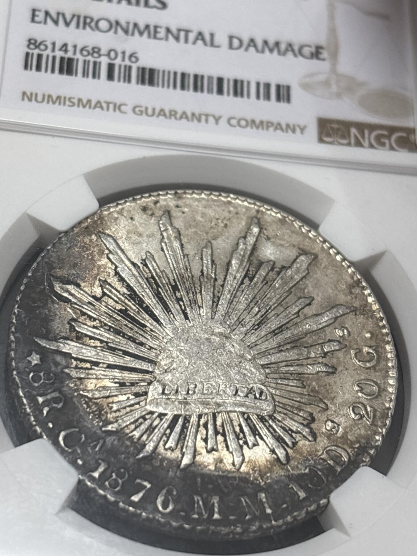 文馨钱币收藏 2026新年第五场（第 291 场）【长期接代拍品】 NGC 评级 AU D，少见 1876 年墨西哥早期花边鹰洋银元，黄油环彩状态，细节清洗，可圈可点