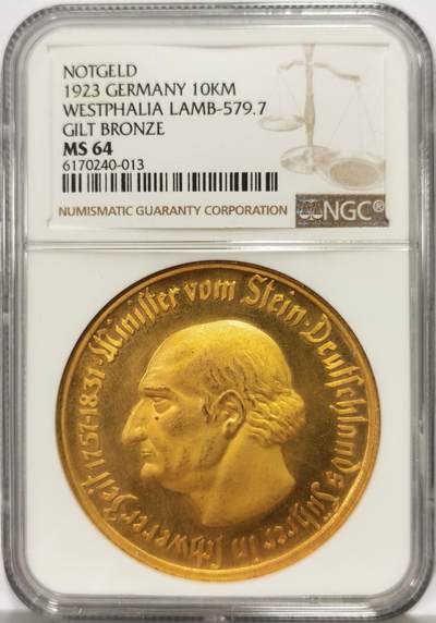 博洋堂世界钱币拍卖第159期（全场包邮） - NGC MS64 德国1923年威斯特伐利亚10000马克镀金铜紧急货币
