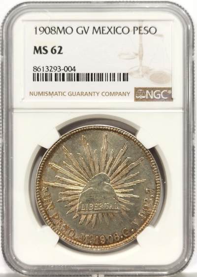 博洋堂世界钱币拍卖第159期（全场包邮） - NGC MS62 墨西哥1908年MO GV版直边鹰洋，好味道低评了