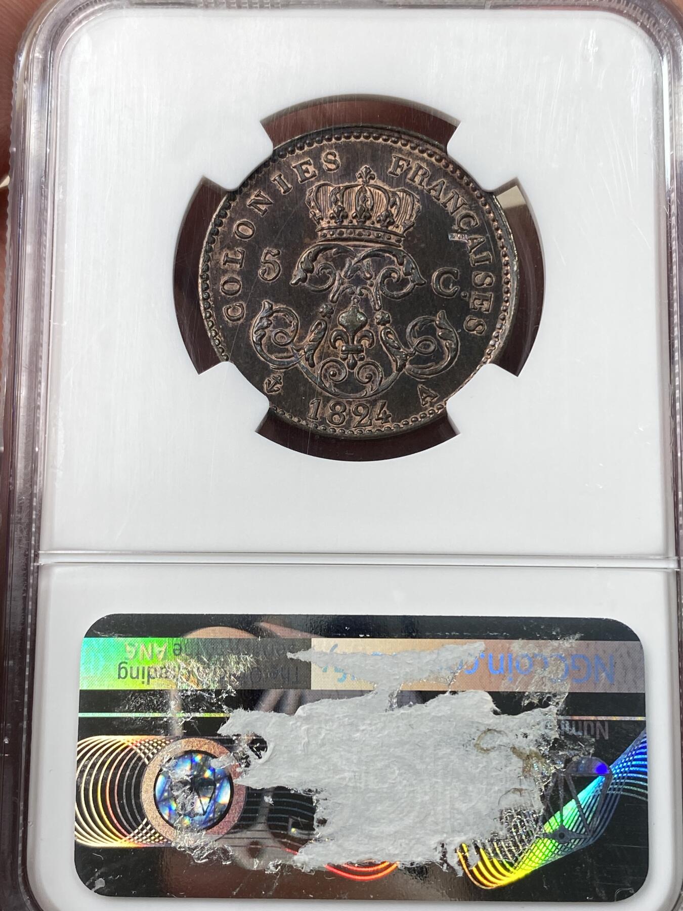 万国钱币拍卖第060期（万国六十期纪念大拍） NGC MS65 1824法属殖民地路易十八5分铜样币 巴黎造币厂铸 试样用于法国在加勒比海地区的殖民地 完全不同于流通币的质感 镜面精铸原味紫铜包浆