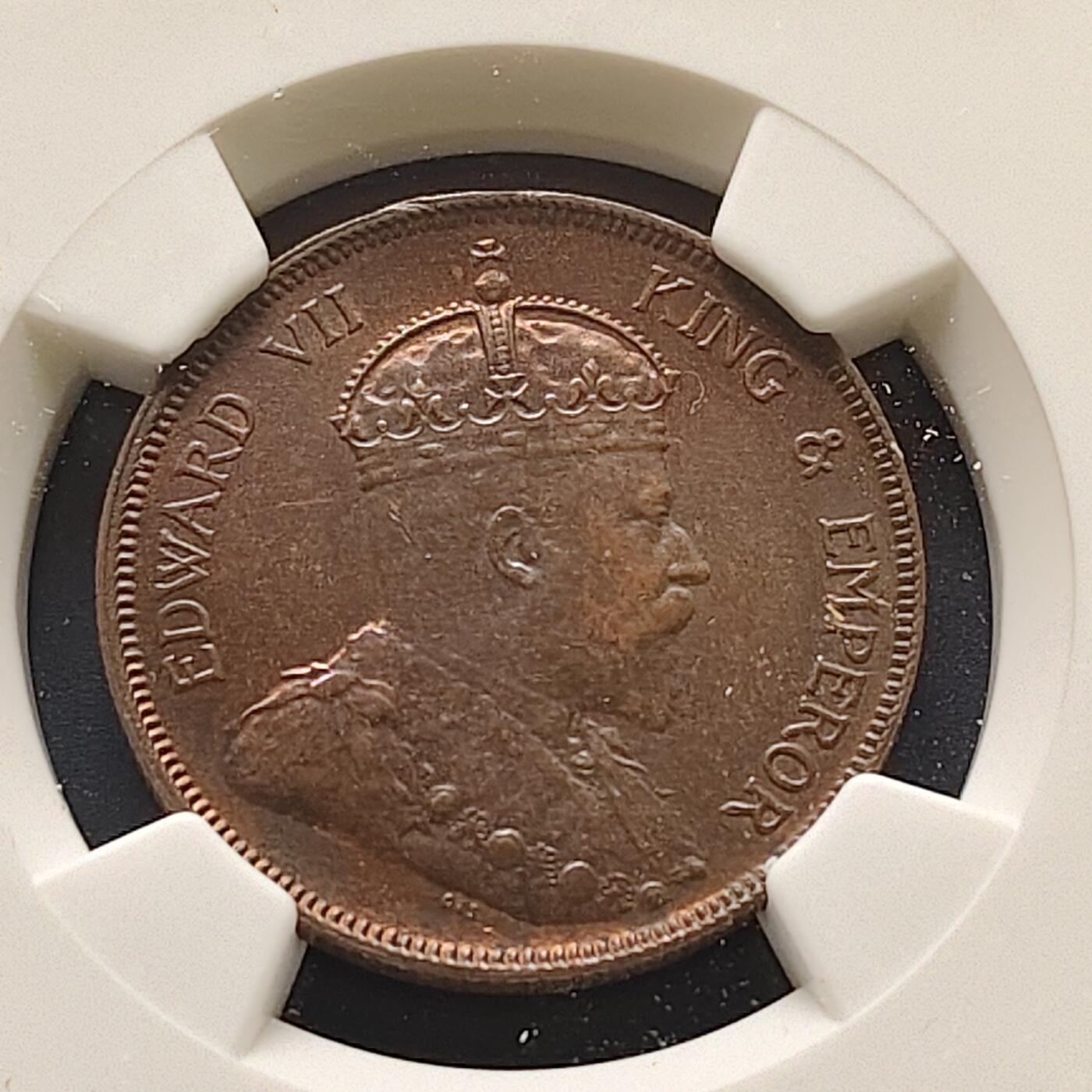 【全场包邮】纯粹捡漏拍499场-持续更新中 英属海峡1903年爱德华七世1分铜币-NGC AU58 BN