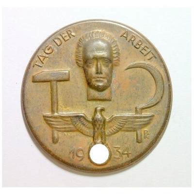 德国第三帝国1934年 五一劳动节+鹰徽 高浮雕精制镀金章 36MM - 德国第三帝国1934年 五一劳动节+鹰徽 高浮雕精制镀金章 36MM