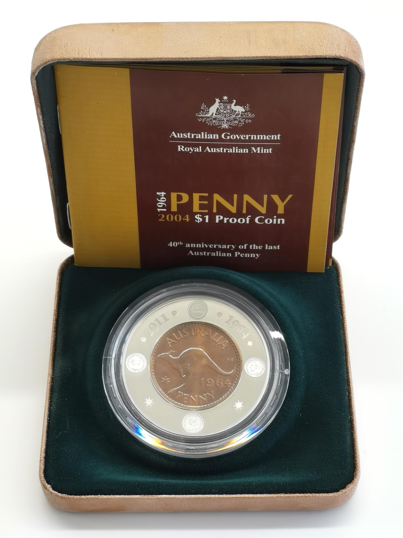 博洋堂世界钱币拍卖第159期（全场包邮） 澳大利亚2004年最后的袋鼠便士40周年精制纪念银币，盒证全，中间纯铜，外圈纯银-1