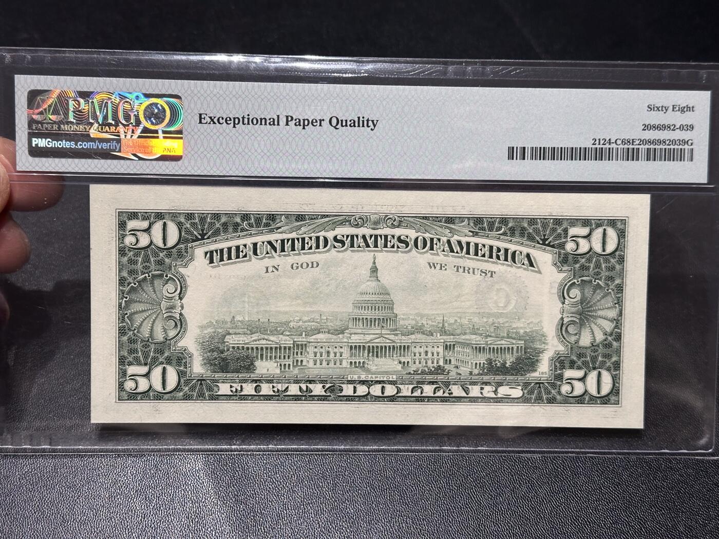 《外钞收藏家》第六百零六期（精品场）（本平台长期征集拍品、欢迎藏友们联系合作） 1990年美国小头版50美元 PMG68 高分 无47 豹子号999