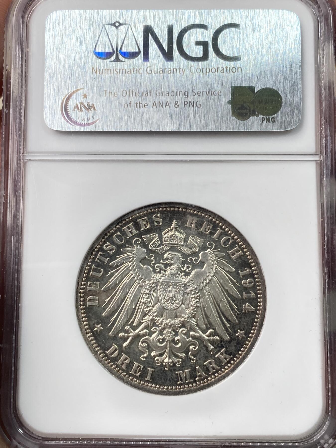 万国钱币拍卖第060期（万国六十期纪念大拍） NGC PF63CAM 1914德国安哈特德绍结婚纪念精制长翅3马克银币 经典小邦品种 镜面精铸五彩极美 NGC老白盒收藏级品质