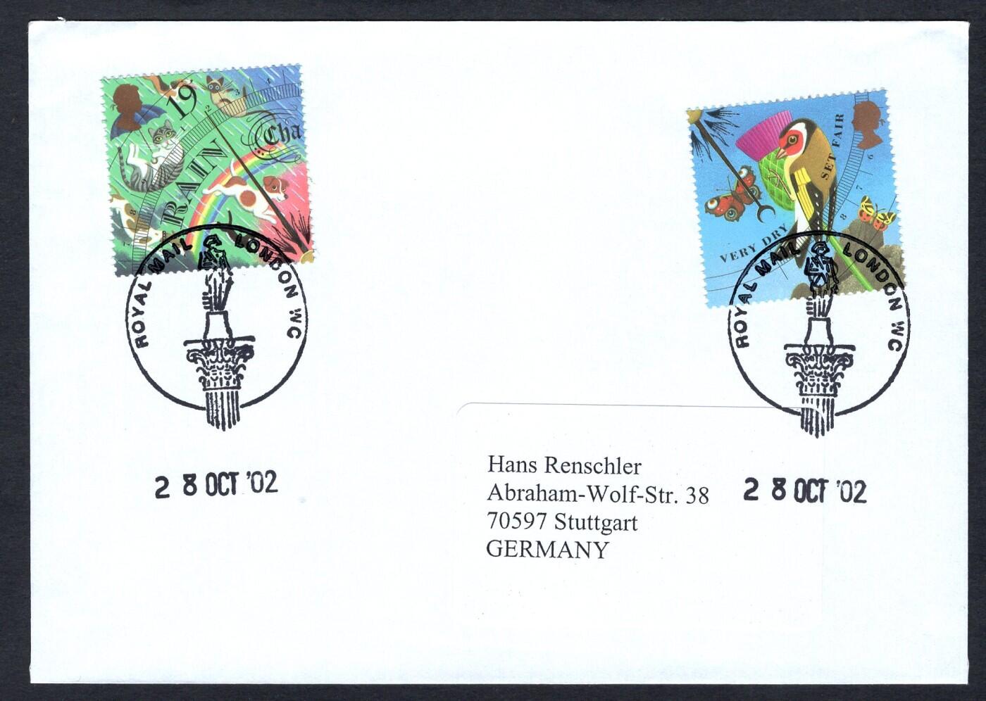 洪涛臻品批发群 精选邮票限时拍卖第1242期  英国2002年寄德国实寄封 天气邮票-下雨与晴朗干燥