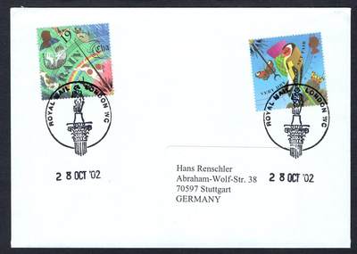 洪涛臻品批发群 精选邮票限时拍卖第1242期  - 英国2002年寄德国实寄封 天气邮票-下雨与晴朗干燥