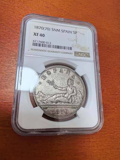 长老汇蛇年精选第九十七场拍卖 - 1870(70) SNM 西班牙拿花5比塞塔大银币，NGC XF40