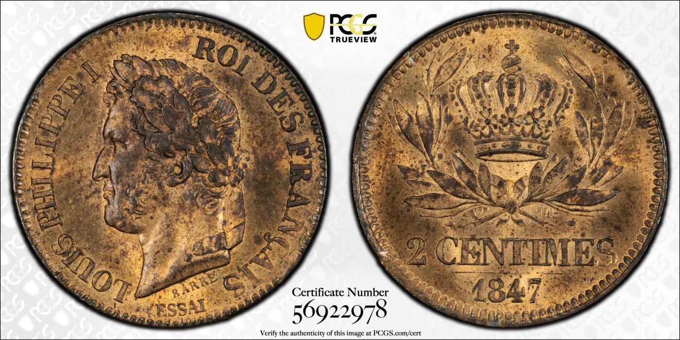 博洋堂世界钱币拍卖第159期（全场包邮） PCGS SP64RB 法国1847年路易菲利普2生丁铜样币，麦稀奇首见