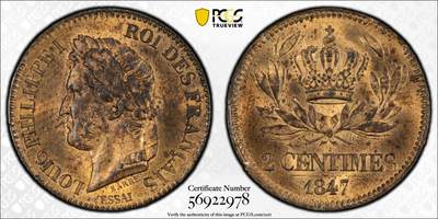 博洋堂世界钱币拍卖第159期（全场包邮） - PCGS SP64RB 法国1847年路易菲利普2生丁铜样币，麦稀奇首见