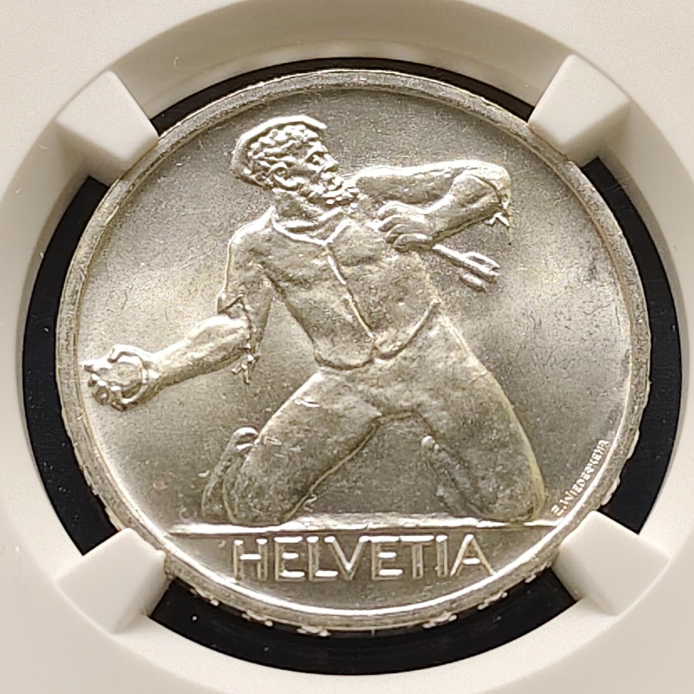 【全场包邮】纯粹捡漏拍499场-持续更新中 【收藏级】瑞士1944年5法郎比尔河畔圣雅各布战役500周年纪念银币【31毫米15克83.5%，纯银价约350元（按28元银价折算）】-NGC MS66