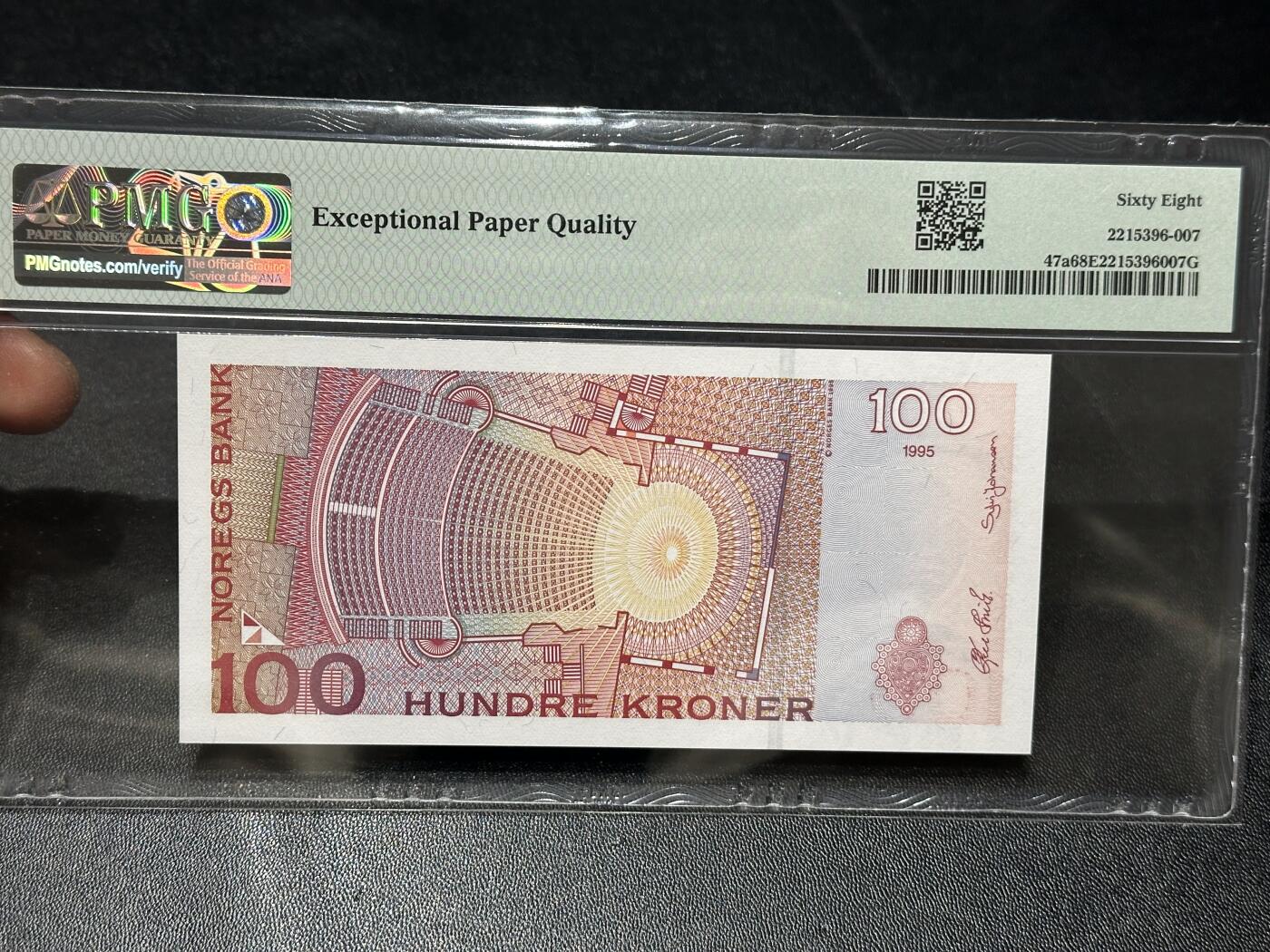 《外钞收藏家》第六百零六期（精品场）（本平台长期征集拍品、欢迎藏友们联系合作） 1995年挪威100克朗 初版 PMG68 高分 无47尾8