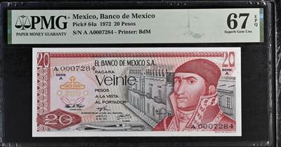 《艾美收藏》第230期-2.1周日外币年前精品场 - 墨西哥1972年AA冠20比索PMG67E亚军分千位小号 Pick#64a