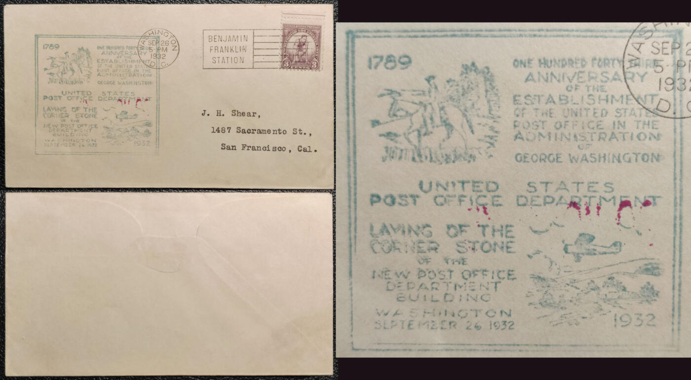 洪涛臻品批发群 精选邮票限时拍卖第1242期  美国1932年实寄封,贴1932年洛杉矶奥运会邮票,盖本杰明富兰克林站宣传戳,左边盖美国邮局143周年宣传戳,戳的左上部为1789年的马差,右下角为1932年航空邮政服务