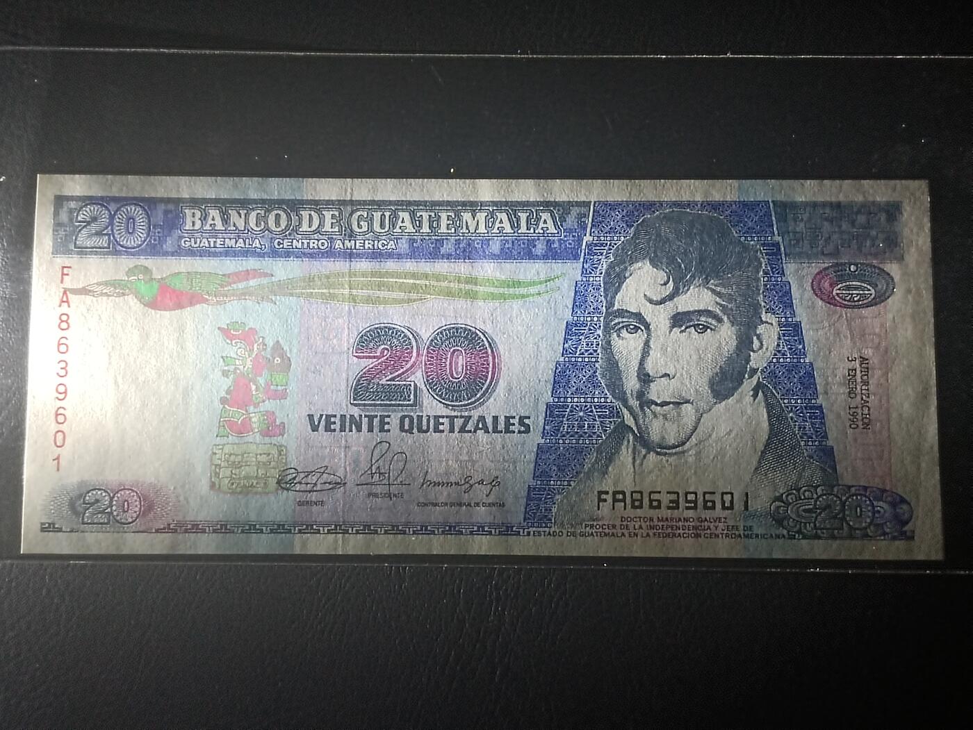 2026二月第一期，总215期 危地马拉1990年20格查尔UNC-，独立领袖加尔韦斯和独立会议