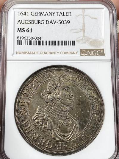 万国钱币拍卖第060期（万国六十期纪念大拍） - NGC MS61 1641德国奥格斯堡景观大泰勒 名誉景观品种 浓郁欧陆五彩打制极佳 状态难得的收藏级品质