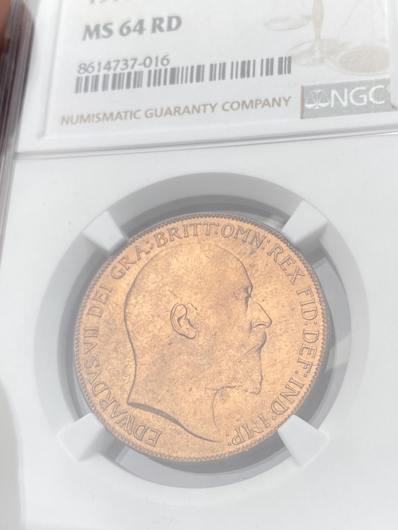 万国钱币拍卖第060期（万国六十期纪念大拍） NGC MS64RD 1910年英国爱德华七世1便士铜币 老铜币极难获得的RD评分 出厂状态的红铜转光令人赏心悦目