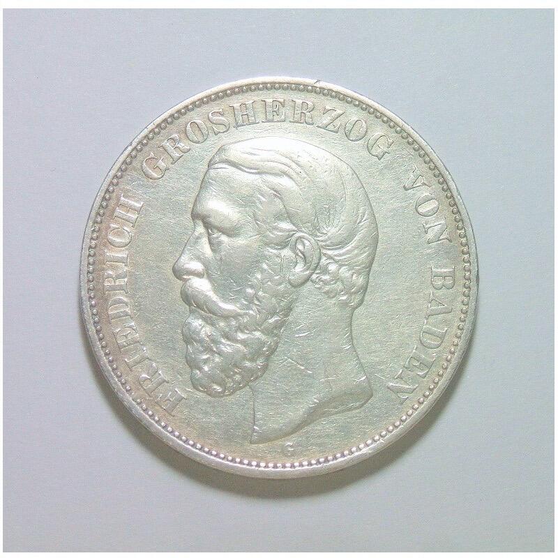 【银】德国巴登1875年 腓特烈一世短翅5马克大银币 极美品
