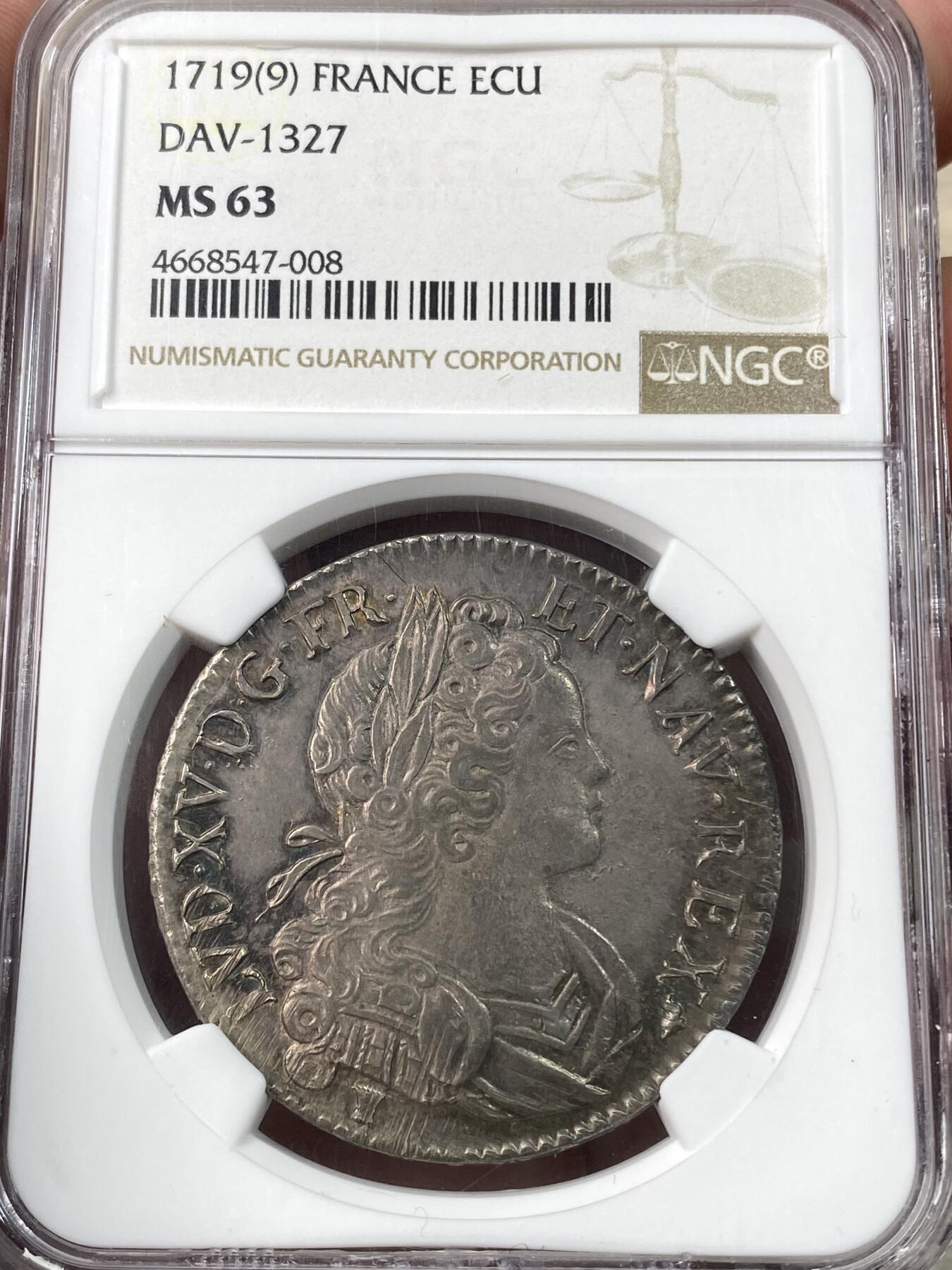 万国钱币拍卖第060期（万国六十期纪念大拍） NGC MS63 1719法国路易十五埃居大银 雷恩厂铸造 全深打欧陆五彩转光极美 少许减重痕迹 顶级收藏品质