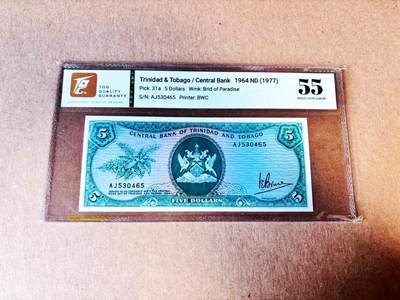 【Blue Auction】世界纸币精拍第781期——18级TOP拍卖/信誉/品质/专业/高效💫 - 特立尼达和多巴哥1964年5元 TQG55